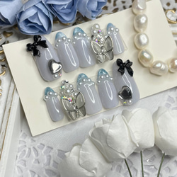 サイズオーダー♡マグネットフレンチ×バタフライネイルチップ ブルー  