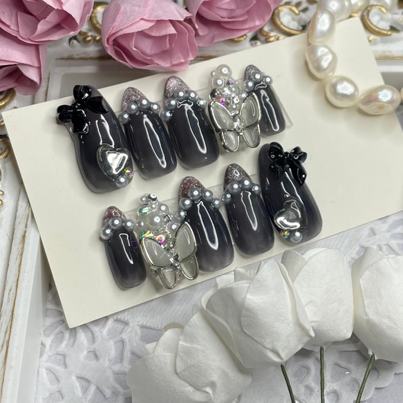 サイズオーダー♡マグネットフレンチ×バタフライネイルチップ ブラック  
