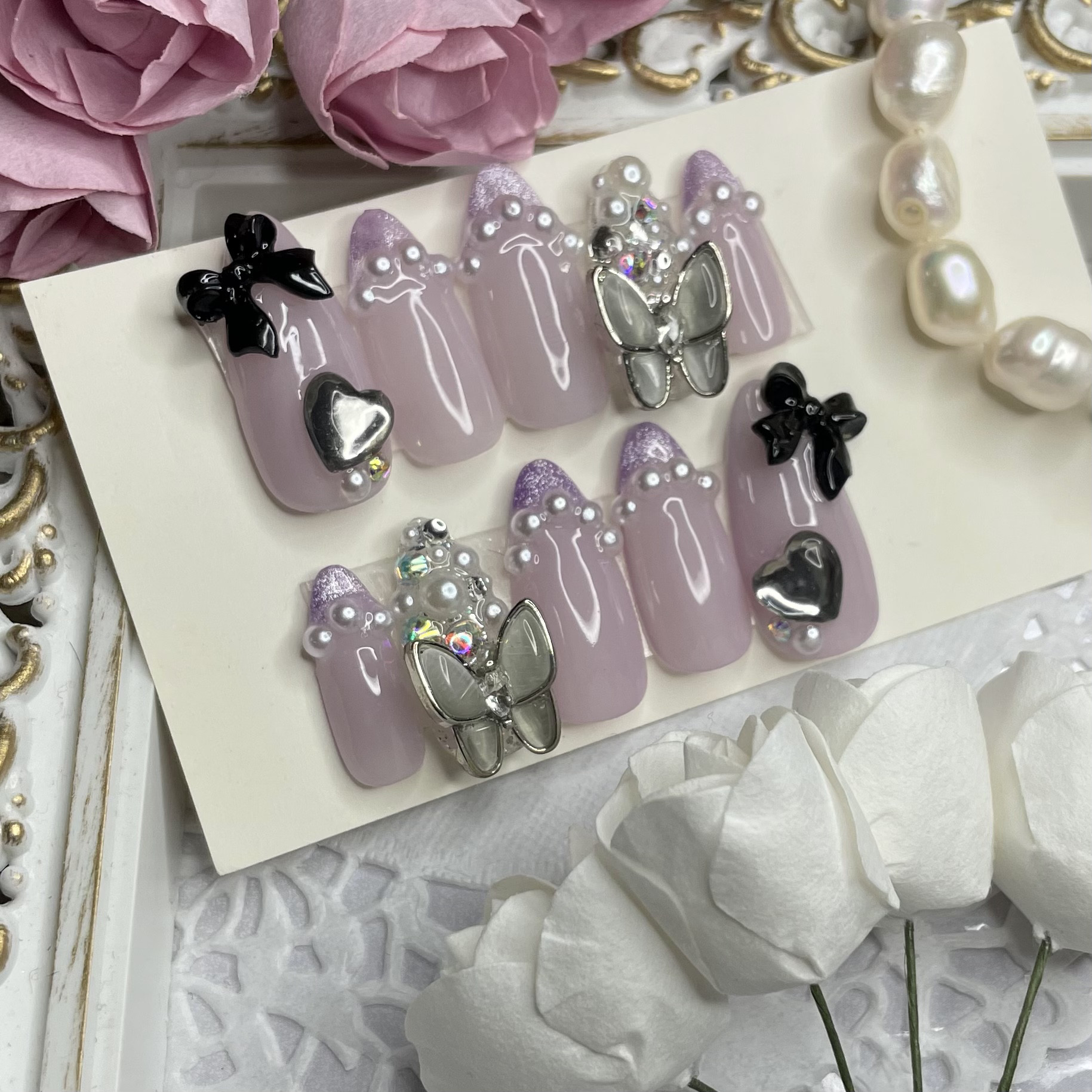 サイズオーダー♡マグネットフレンチ×バタフライネイルチップ パープル  