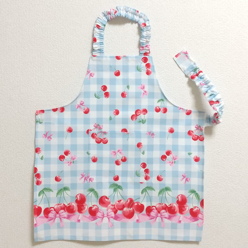 チェリー（ライトブルー）子供用エプロン 90～160cm【首回り・腰回りの