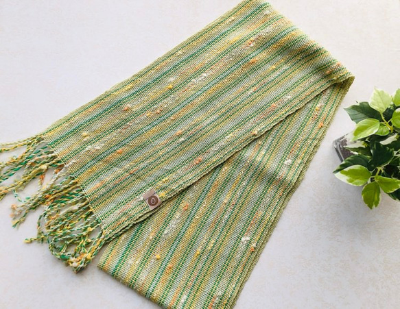 【一点物】コットン手織りストール　緑 2枚目の画像