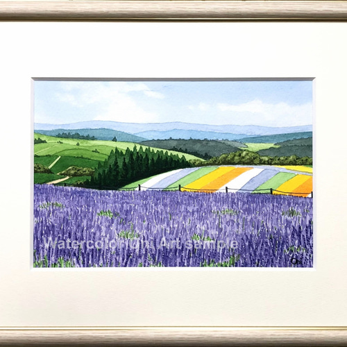 ラベンダー畑05」透明水彩画 原画 風景画 額縁付 SMサイズ 絵画