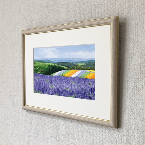 ラベンダー畑05」透明水彩画 原画 風景画 額縁付 SMサイズ 絵画