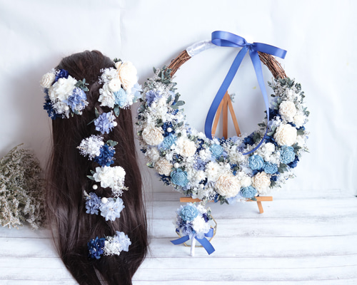 深海のナチュラルグリーンリースブーケ・ヘッドドレス・ブートニア3点