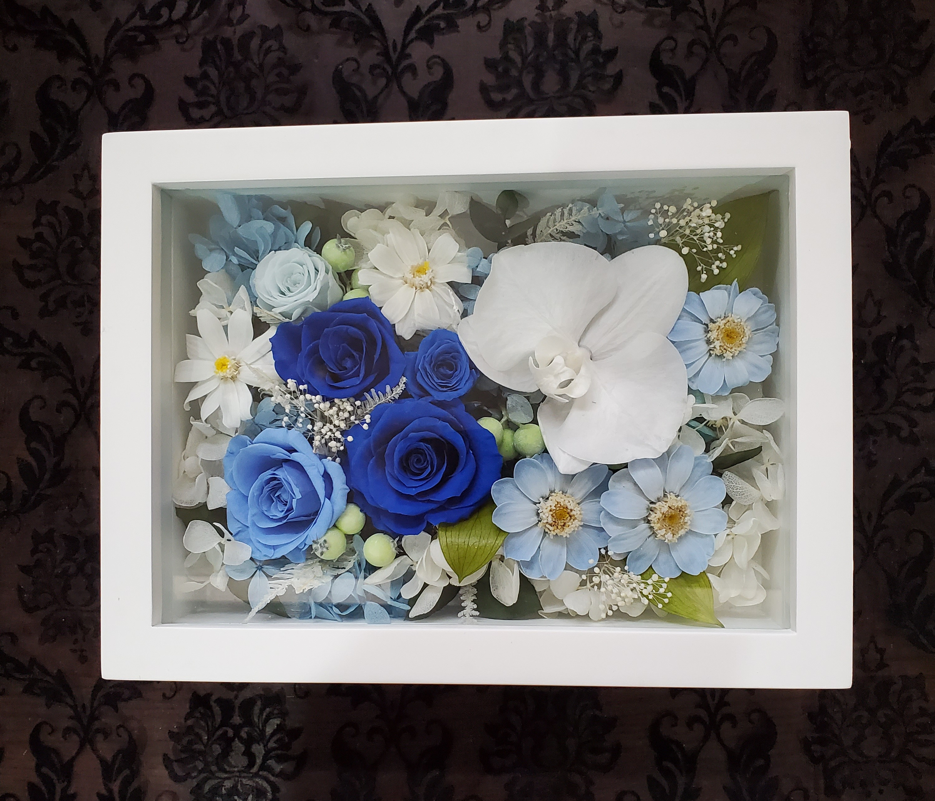 ブルー&ホワイトの涼しげフレーム☆ 新築祝い、両親贈呈、結婚祝い、母の日、敬老の日、バースディなどのギフトに（受注制作）