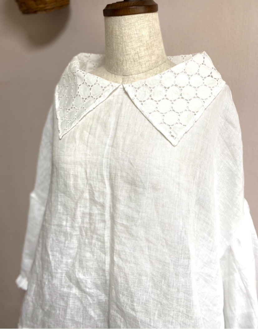 《大きいサイズ》　LIBECOリネンで作った大き目襟のお出かけブラウス　Ｌ　ＬＬ　１３号