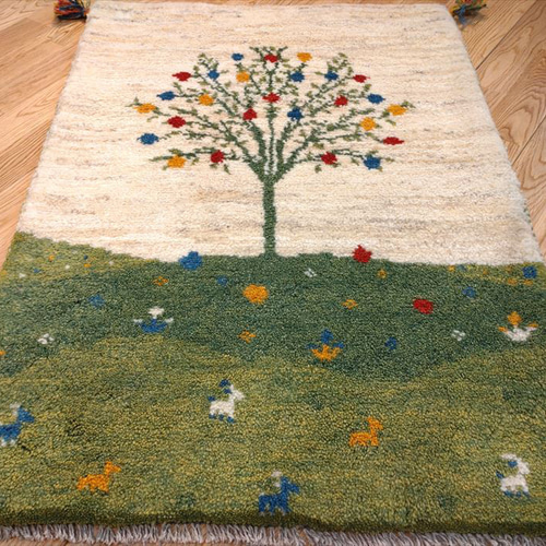 ペルシャ ギャッベ 玄関マット 90×62cm アイボリー 緑 ザクロの木