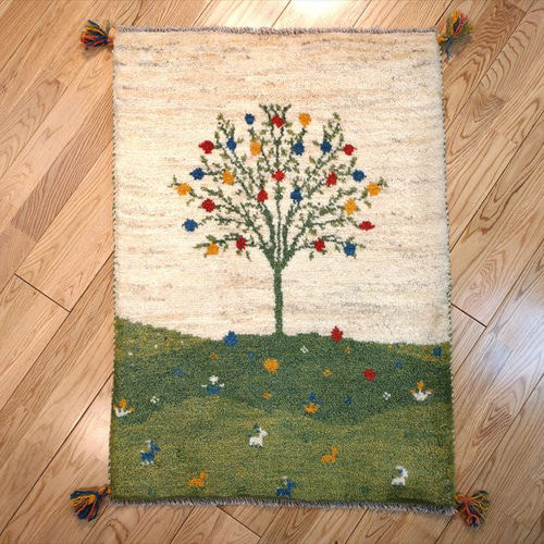 ペルシャ　ギャッベ 玄関　85×57 緑　ザクロの木 楽天市場】ペルシャ ギャッベ 【本場イラン産】 85x57cm 厚み 2.65cm