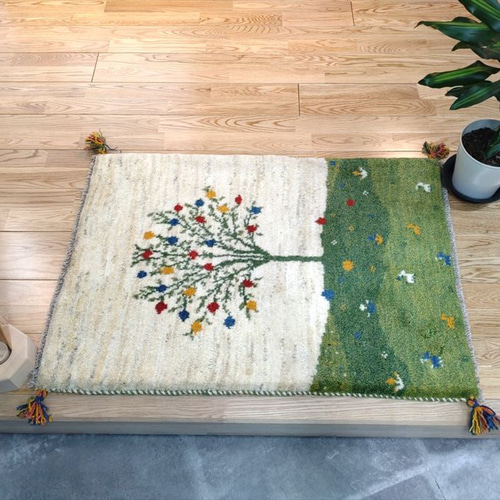 ペルシャ ギャッベ 玄関マット 90×62cm アイボリー 緑 ザクロの木