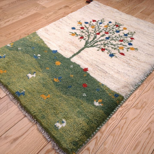 ペルシャ ギャッベ 玄関マット 90×62cm アイボリー 緑 ザクロの木