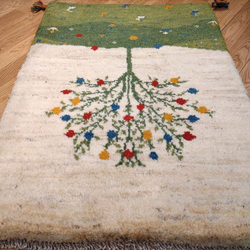 ペルシャ ギャッベ 玄関マット 90×62cm アイボリー 緑 ザクロの木