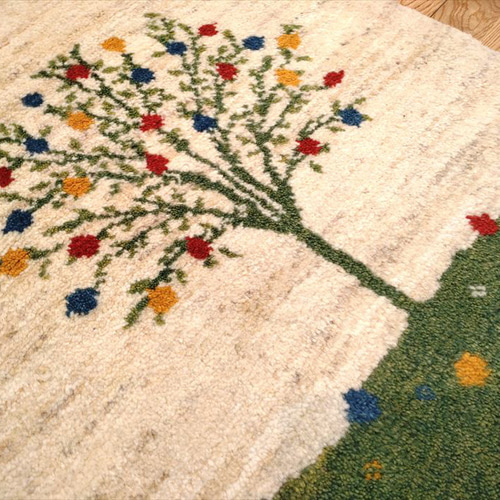 ペルシャ ギャッベ 玄関マット 90×62cm アイボリー 緑 ザクロの木