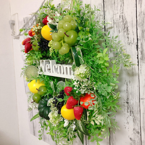 44cmレモンや青りんごのフルーツウェルカムグリーンリース アーティ