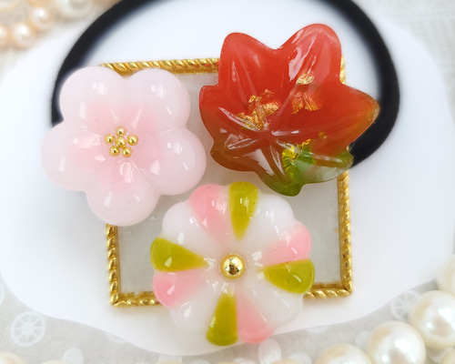 レジンで作った和菓子デコの付いたヘアゴム☆髪ゴム☆ヘアアクセサリー