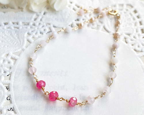❤アクアマリンブレスレット❤特殊カット❤大きめ❤インパクト大❤ピンクカルセドニー 激レア❣️希少❣️『ピンクシラー』アクアマリンブレスレット