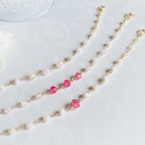 ゆい⭐️天然石ブレスレット3049⭐️1点もの ローズピンクカルセドニー 華やぎのブレスレット】14kgf フューシャピンクカルセドニー