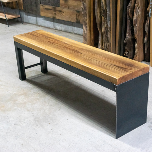 アイアンベンチ•長椅子【鉄脚/足場板・スギ古材】 1点モノ 送料無料