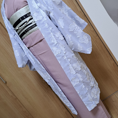 日本全国送料無料商品 特集 洗える羽織#長羽織#ピンストライプ✕レース#綿100%#薄手#1点 着物・浴衣