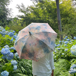送料無料  " optimista "A  藍染+泥染 楽観的な日傘  絞り染め パラソル タイダイ　紫陽花 4枚目の画像