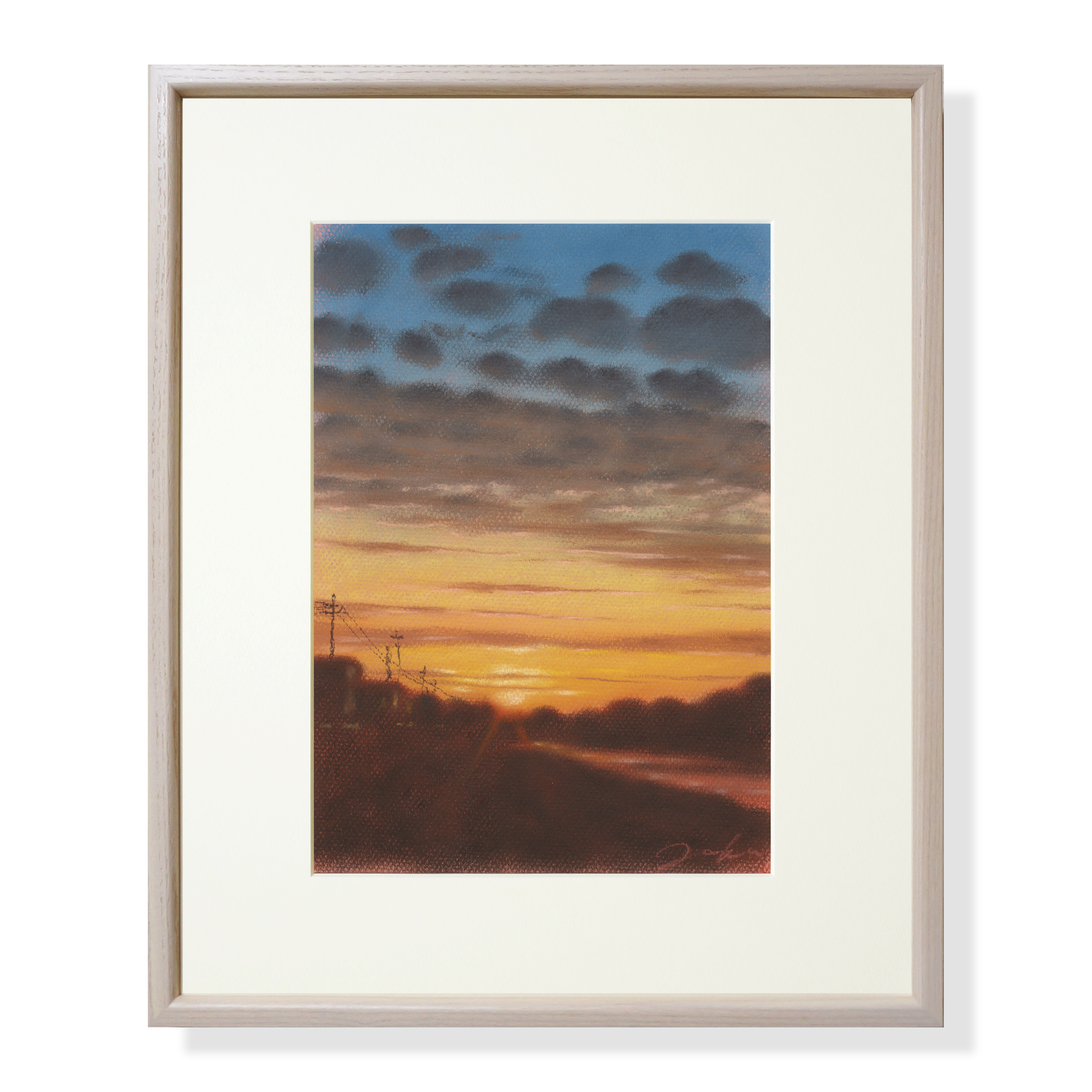 河のある風景・夕焼け（パステル画・マット紙付き） 絵画