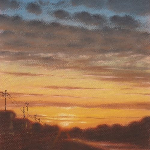 河のある風景・夕焼け（パステル画・マット紙付き） 絵画