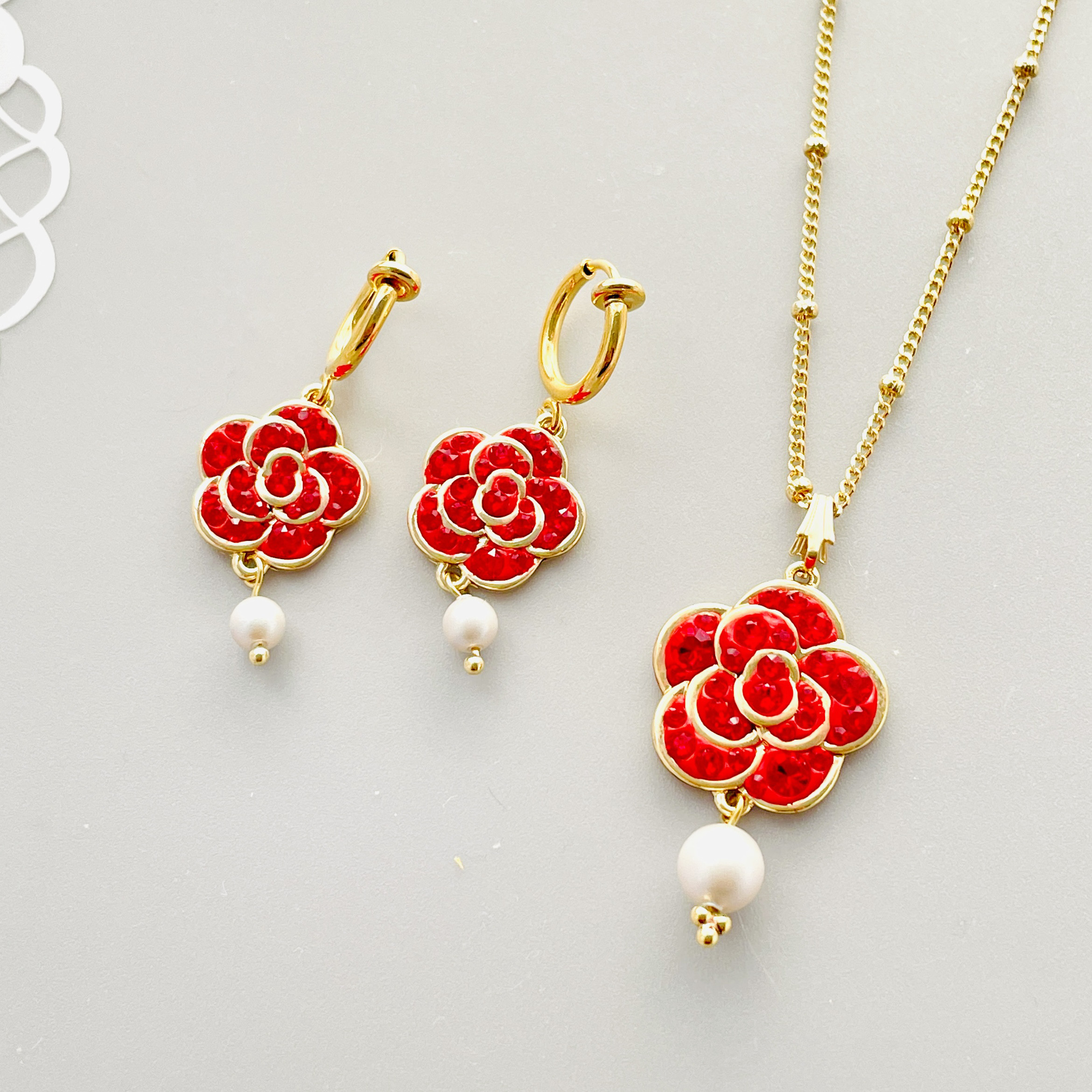 Margarites マルガリテス 赤 ネックレス・イヤリングセット 母の日 還暦祝い 秋レッド 椿 敬老の日