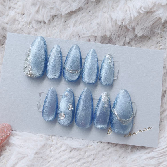 ブルーマグネット 在庫ネイルチップ S・XS×2 サイズオーダー♡ ニュアンス×マグネット×シルバーY2Kネイル
