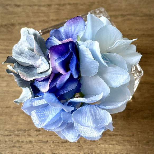 ラッピング無料★S紫陽花ブルー ギフト インテリアフラワー マジカルウォーター キューブガラス 3枚目の画像