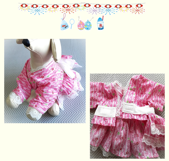 犬服 浴衣ドレス  ピンク矢絣　二段フリル　重ねリボン帯　送料無料　ydy01 7枚目の画像