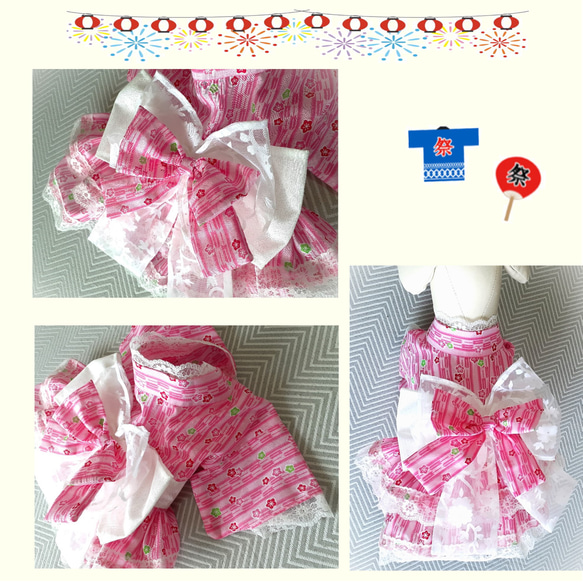 犬服 浴衣ドレス  ピンク矢絣　二段フリル　重ねリボン帯　送料無料　ydy01 4枚目の画像