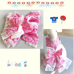 犬服 浴衣ドレス  ピンク矢絣　二段フリル　重ねリボン帯　送料無料　ydy01 3枚目の画像
