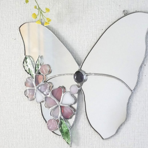 桜　木製手作り　壁掛けミラー ✴︎:.｡ステンドグラス 壁掛け鏡 アートシリーズ② 桜と蝶 ドレッサー