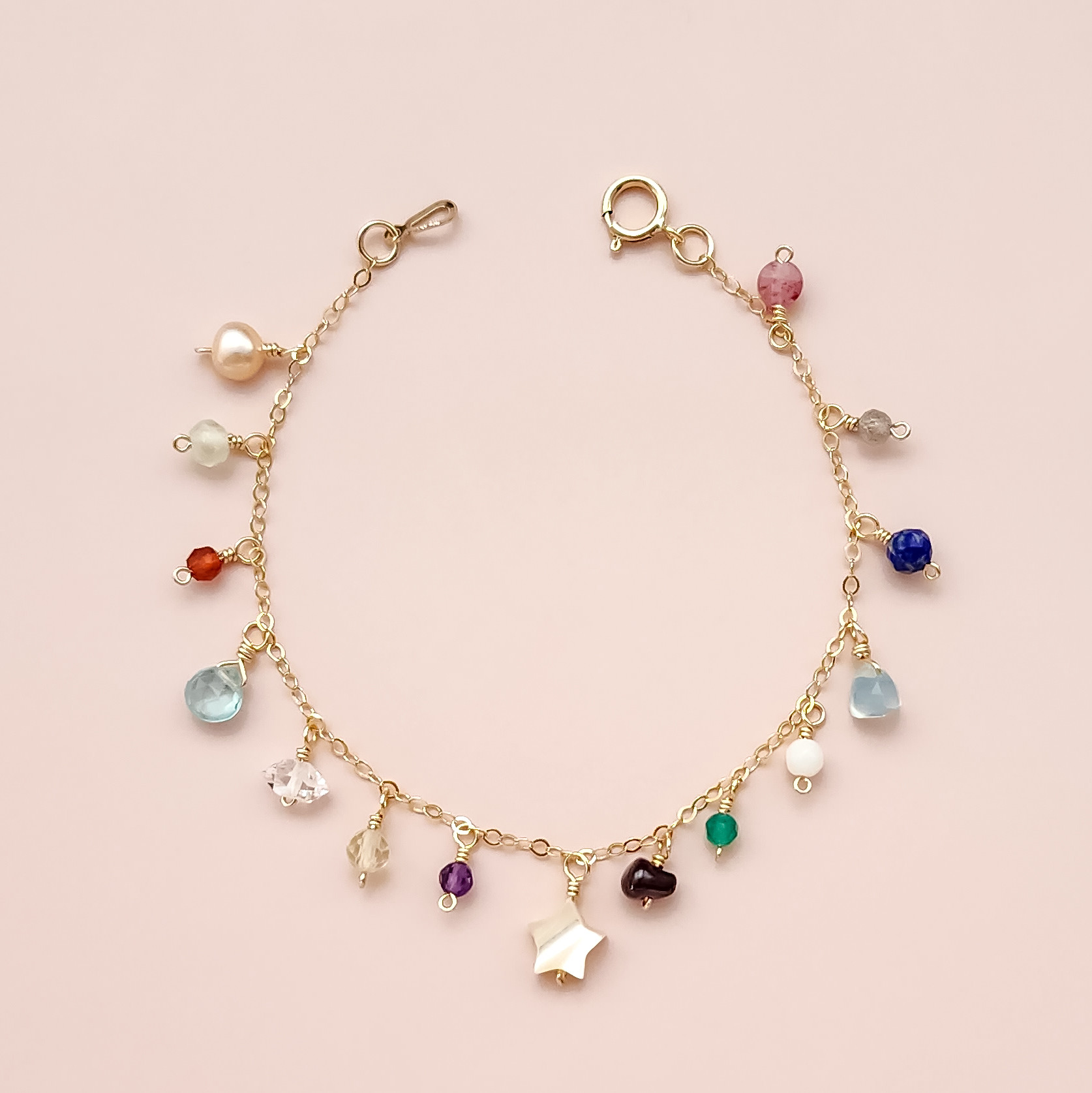 14kgf k14gf カラフル マルチカラー 星 天然石 フリンジ ブレスレット
