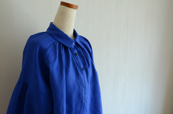 青のドロップシャツ　リネン100％　ロイヤルブルー 12枚目の画像