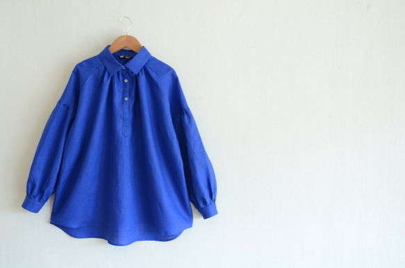 青のドロップシャツ　リネン100％　ロイヤルブルー 1枚目の画像