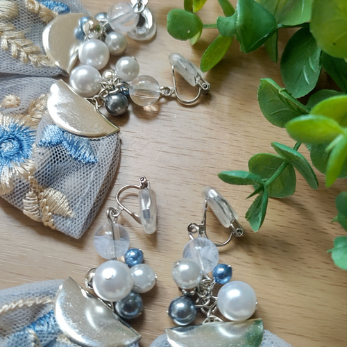 インド刺繍リボン×ビーズ イヤリング イヤリング