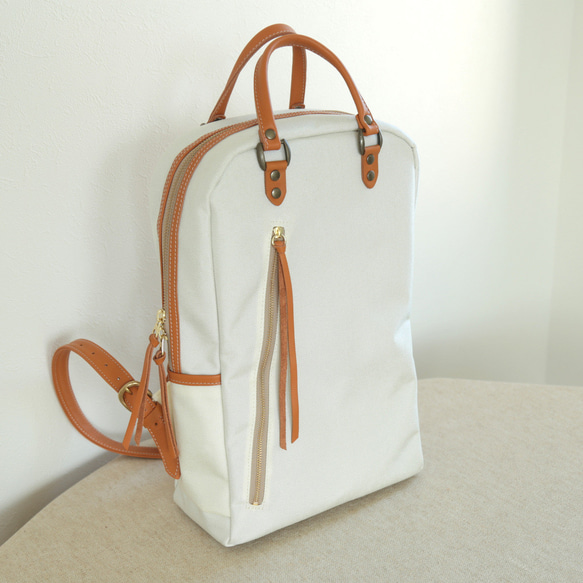 新作!！大人のcordura＆レザー3wayミニスリムリュックWhitexCamel Zippy New!!A４収納 8枚目の画像