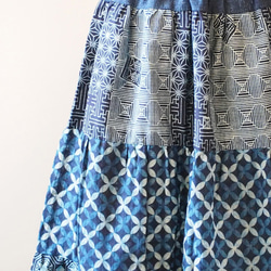 ティアードスカート　パッチワーク　ロングスカート　綿100％　和柄綿　ドット　インディゴ　染め　フレア　ふん 17枚目の画像