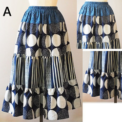ティアードスカート　パッチワーク　ロングスカート　綿100％　和柄綿　ドット　インディゴ　染め　フレア　ふん 7枚目の画像