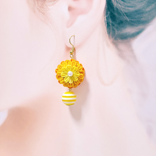 常夏のレモン＆オレンジ 黄・橙色 つまみ細工 ピアス/イヤリング 