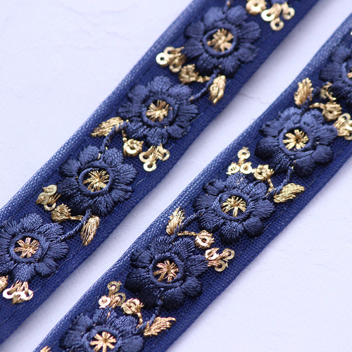 インド刺繍リボン No.2【ネイビー】インド刺繍/刺繍リボン/刺繍/リボン