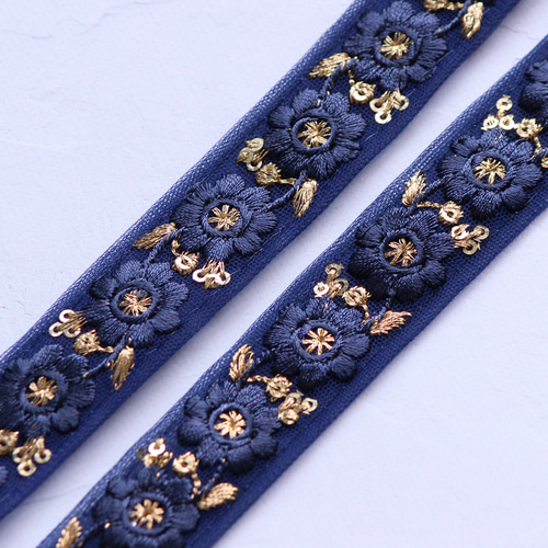 インド刺繍リボン No.2【ネイビー】インド刺繍/刺繍リボン/刺繍/リボン