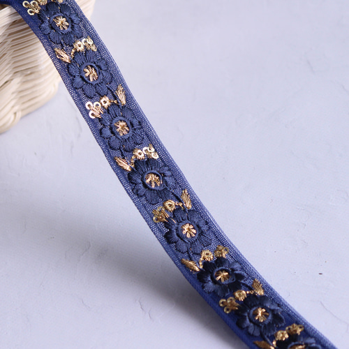 インド刺繍リボン No.2【ネイビー】インド刺繍/刺繍リボン/刺繍/リボン