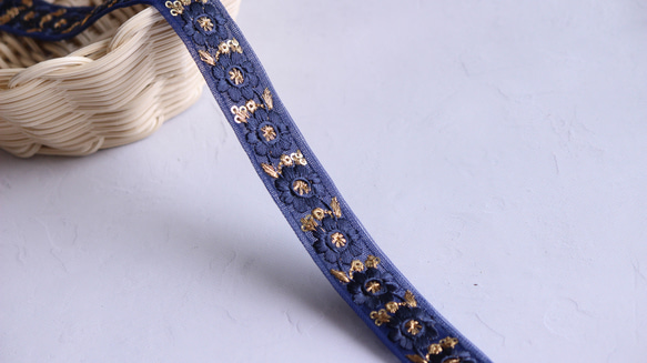 インド刺繍リボン　459.460.461×2m、ブルーネイビー1m、413- インド刺繍リボン No.2【ネイビー】インド刺繍/刺繍リボン/刺繍/リボン