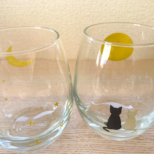 夜のかわいいペアグラスセット ◇ ガラスコップ グラス 猫 ほしぞら お