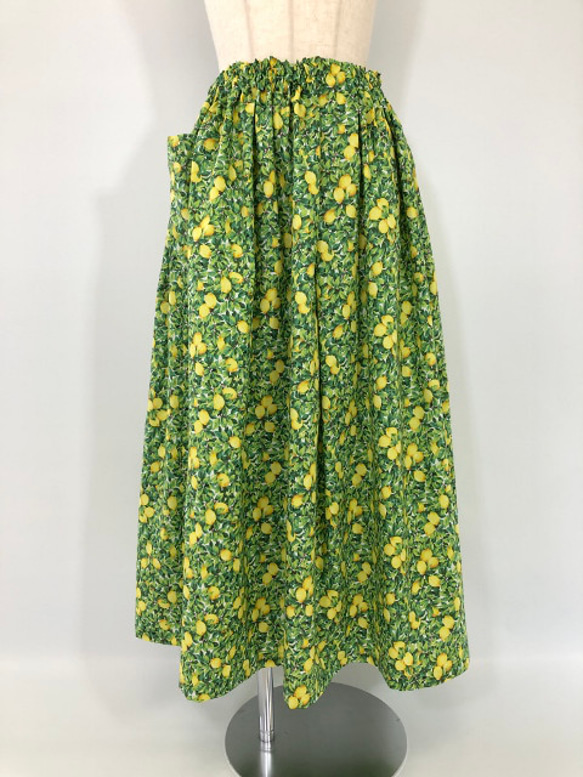 85cm丈　YUWA　レモンの木　ロングスカート　マキシ丈　ゴムウエスト　綿100％ 2枚目の画像