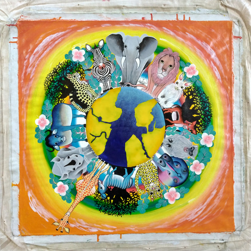 アフリカ絵画『 Animal world -orange 』ティンガティンガ by Zuberi