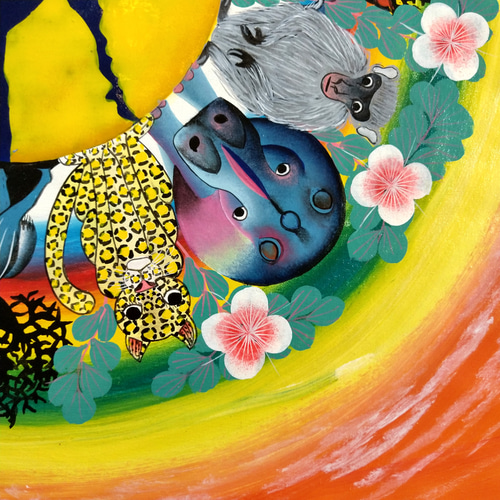 ティンガティンガアート 動物の絵画 アフリカ絵画『 Animal world -orange 』ティンガティンガ by