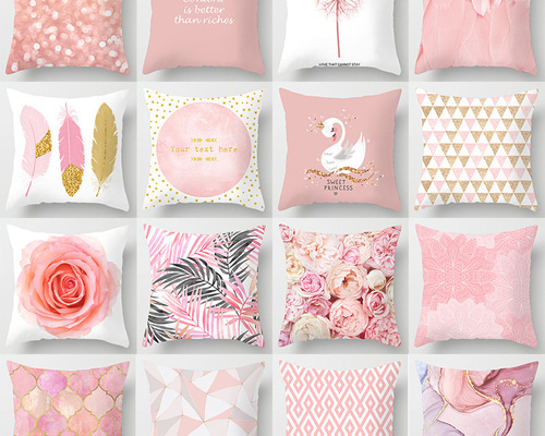 クッションカバー ピンク色 45x45 プリントクッション 可愛い 韓国風