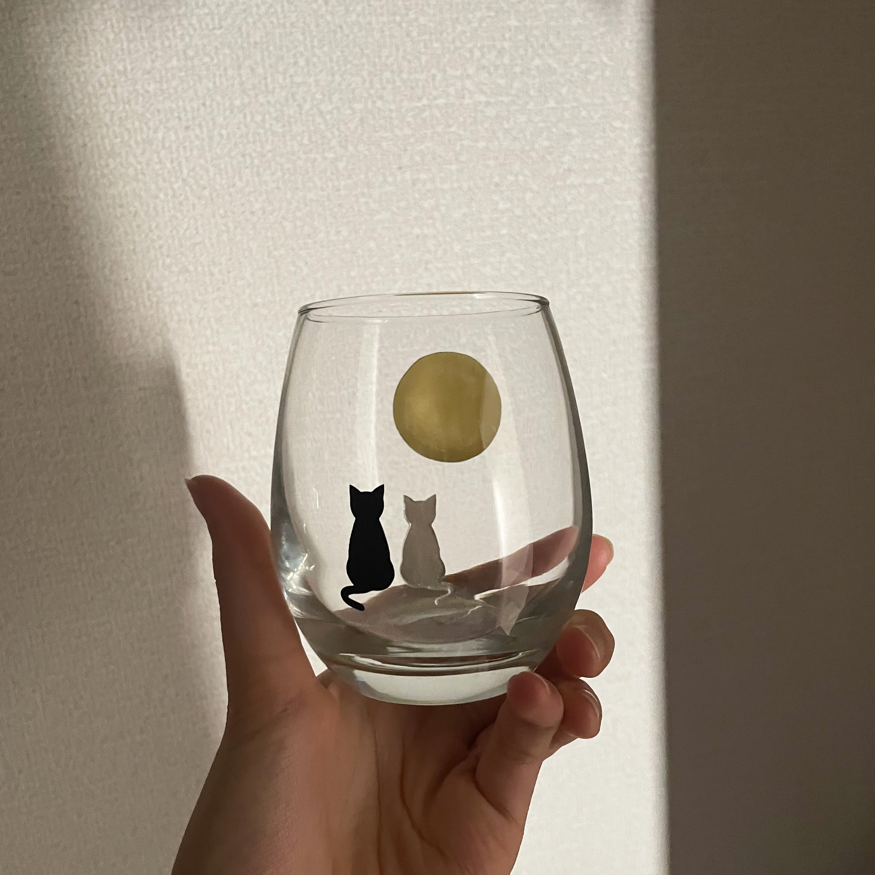 月を眺める猫グラス ◇ ガラスコップ 切子グラス サンドブラスト